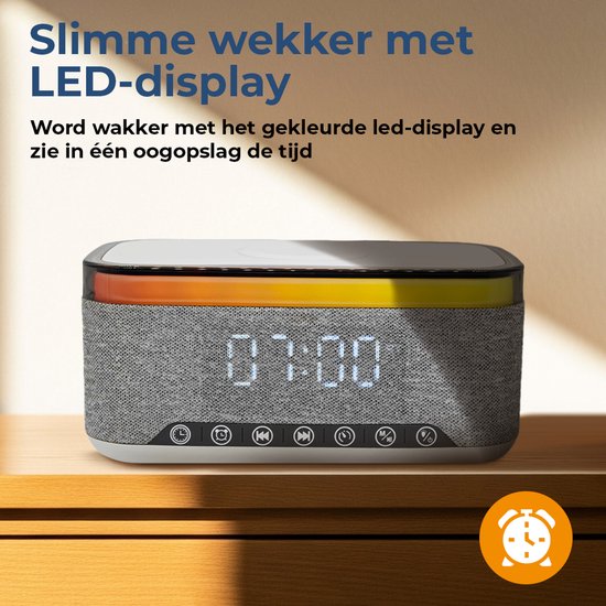 Réveil Denver avec chargeur sans fil - Machine à bruit blanc - Réveil numérique - Bluetooth - Radio FM - Double alarme - Variateur - CRQ225