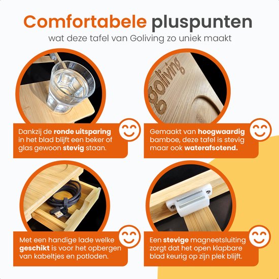 Table pour ordinateur portable Goliving - Hauteur 39 cm - Plan de travail réglable et pliable - Table pour ordinateur portable ergonomique - Table de banc - Table de lit - Support pour ordinateur portable - Bois