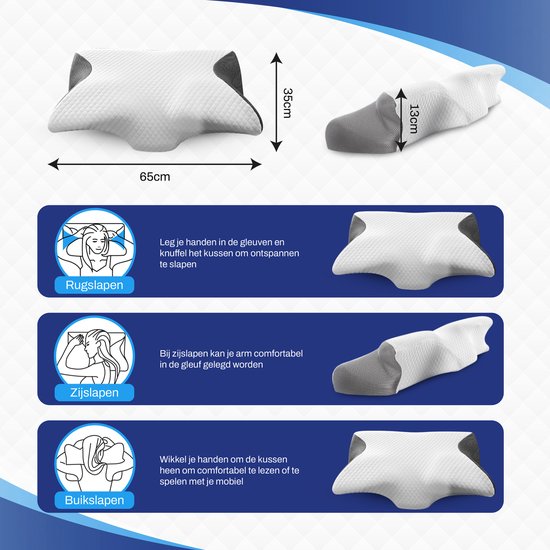 Oreiller Butterfly Sleeptight - Oreiller orthopédique contre les douleurs cervicales - Oreiller ergonomique anti-ronflement - Oreiller d'apnée en mousse à mémoire de forme - 65x35x13cm