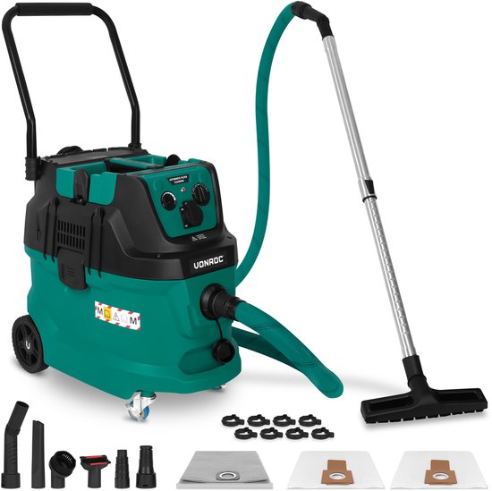 Aspirateur eau et poussière VONROC construction - Classe M - 1600W - 22kPa - Nettoyage automatique du filtre (fonction knock) - HEPA H14 - Réservoir 40L - Tuyau antistatique Ø35 mm