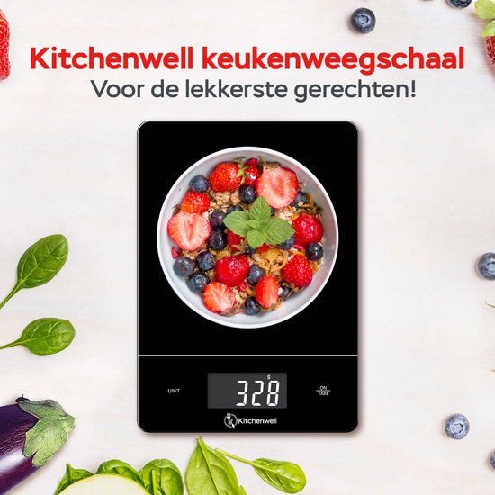 Kitchenwell Balance de cuisine numérique de précision - Balance de cuisine - 1gr - 15kg - Fonction tare - Rechargeable par USB - Noir