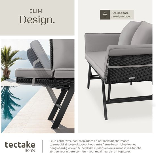 tectake® 2-in-1 Banc de jardin en osier Sintra - mains courantes réglables - set de jardin - chaise longue - banc de salon de balcon - coussins inclus - canapé de salon d'extérieur - lit solaire résistant aux UV et aux intempéries - gris clair/noir