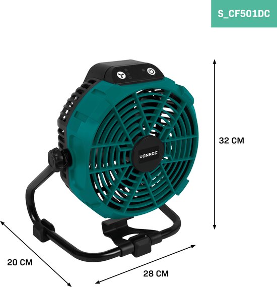 Ventilateur VONROC 20V - pour utilisation avec ou sans fil - Adaptateur secteur inclus - Batterie 20V - 2.0Ah et chargeur rapide inclus