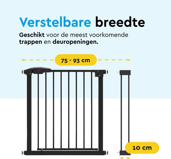 BRASQ Barrière d'escalier sans perçage - Barrière de sécurité - Barrière pour enfants avec extension - 75 à 93 cm - Extensible - Fixation par pince - Métal - Barrière pour chiens - Noir