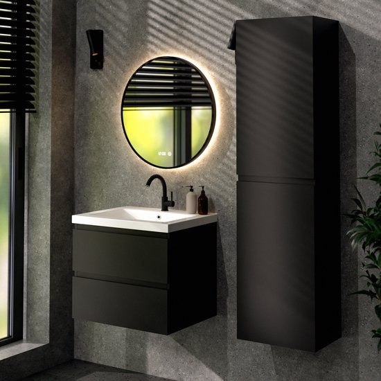 Mirlux Meuble de salle de bains Mat Noir 60 cm - Lavabo Blanc - Ensemble de meubles de salle de bains - Meuble lavabo Mat Noir