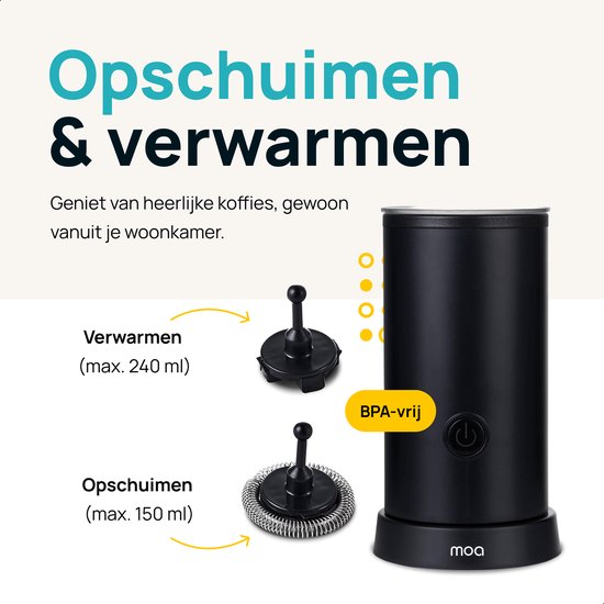 MOA Mousseur à lait électrique - 2 en 1 - Mousseur à lait pratique - 240 ML - Pour Cappuccino - Fouet à lait - Noir
