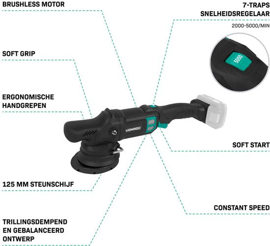 VONROC PRO Polisseuse excentrique 20V - Ø 125mm - Moteur sans balais - 7 vitesses (2000-5000/min) - Démarrage progressif - Comprend un patin d'appui - Comprend une batterie et un chargeur rapide.