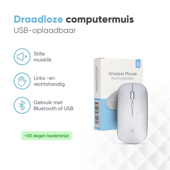 Souris sans fil Trendfield - Souris d'ordinateur rechargeable - Bluetooth - Souris ergonomique avec clic silencieux - Convient à tous les ordinateurs portables - Argent