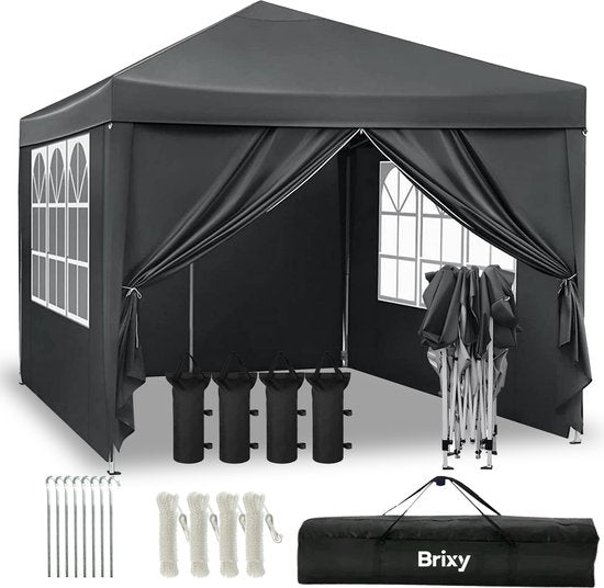 Brixy Party Tent - pliable - facile à monter - 3x3m - étanche - pavillon avec parois latérales - sac de transport inclus - noir