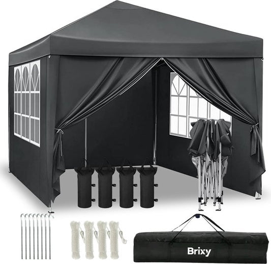 Brixy Party Tent - pliable - facile à monter - 3x3m - étanche - pavillon avec parois latérales - sac de transport inclus - noir