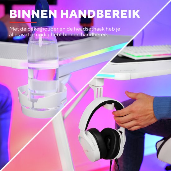 Trust GXT 709W Luminus Gaming Desk - Eclairage RGB - Porte-gobelet - Porte-casque - Blanc
