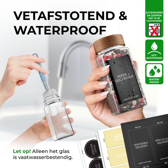 Soothe 48 pots à épices carrés en verre avec couvercle en acacia - 2 types de couvercles à saupoudrer - Spice Spreader - pots à épices - set complet avec stickers à épices, stick à craie et accessoires - 120ml