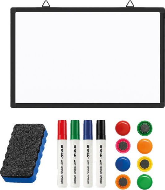 BRASQ Tableau blanc 60x90 cm magnétique - avec set d'accessoires (marqueurs, gomme, aimants) - Tableau noir - Tableau magnétique - noir