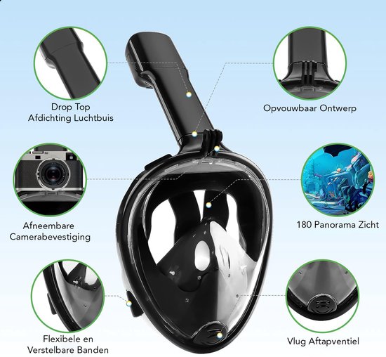 Travelhawk Snorkel Mask - Adults S/M - Snorkel Set Black - Snorkel Masks - Full Face Diving Mask - Goggles with Snorkel - Snorkelling and Diving