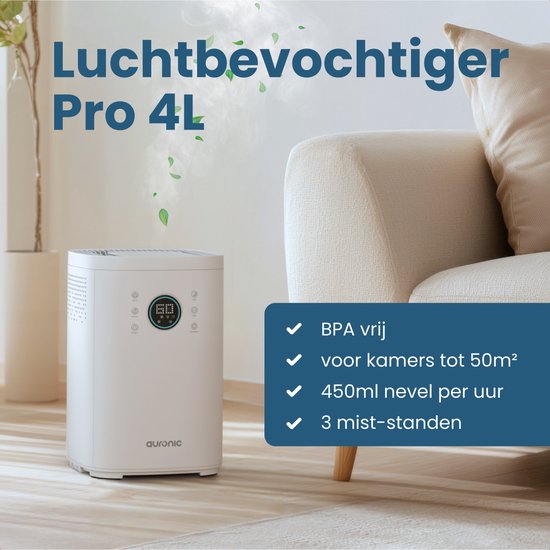 Humidificateur Auronic - 4 litres - 40m2 - Convient au salon, au bureau, à la chambre à coucher, à la chambre de bébé et plus encore - Avec aromathérapie - Sans BPA - Blanc