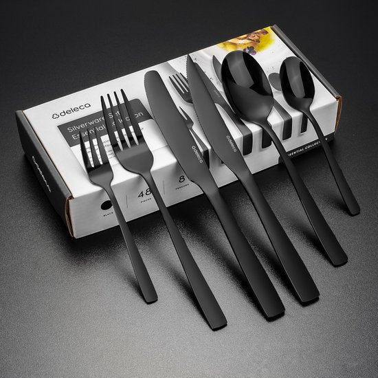 Deleca 8 Person Cutlery Set Essential (48 pieces) - Spoons, Knives, Forks, Steak Knives & Pastry Forks - Dishher Safe Cutlery - Shiny Black / Stainless Steel