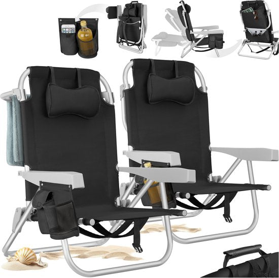 tectake® Beach Chair Coral - Chaise de camping pliable avec sac isotherme et sac de rangement - Dossier réglable en 5 sens avec coussin de tête - Accoudoirs larges avec porte-gobelet / porte-téléphone - Chaise de camping pliable - Noir