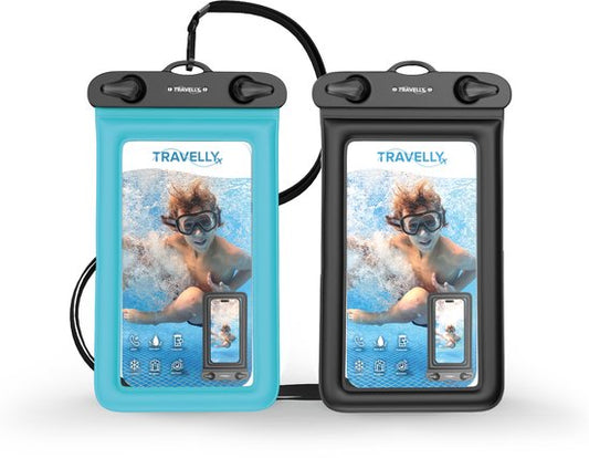Travelly® Waterproof Phone Case Set of 2 - Universal Underwater Case for Smartphone - Convient à tous les téléphones - Drybag - Pour les vacances, la natation et les sports nautiques - Noir/Bleu