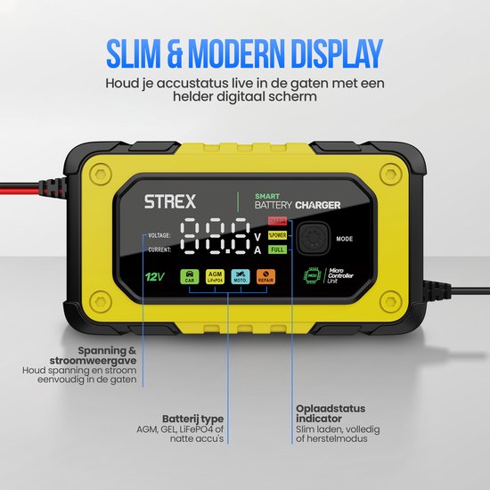 Chargeur de batterie Strex 12V 7A - Chargeur rapide et goutte à goutte avec écran LCD - Pour voiture, moto, bateau et batteries AGM/plomb - Mode réparation