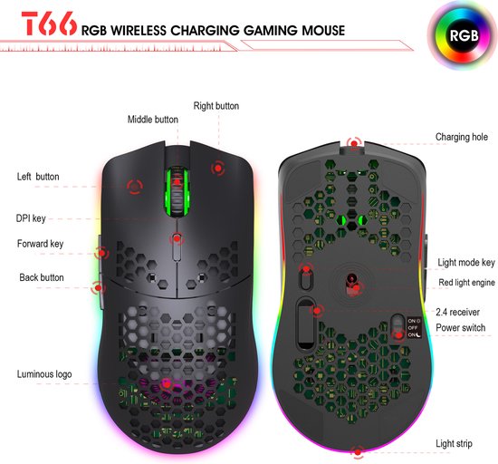 HXSJ T66 - Souris de jeu sans fil - Souris d'ordinateur - Ultra légère - Eclairage RGB - Noir