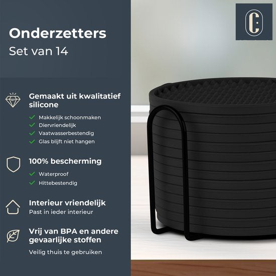 Castagnola Sous-verres en silicone - Sous-verres pour verres - Sous-verres design avec support - Set de sous-verres - Antidérapant - Lot de 14 - Noir