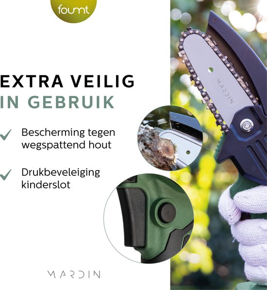 Mini tronçonneuse Mardin - Scie à branches électrique - Scie d'élagage - Scie à bois - Scie à main - Scie à arbre - Taille-haie - 2 piles - Coffret de rangement - Vert