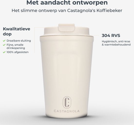 Castagnola Thermos Cup - Coffee Mug To Go - Travel Mug for Coffee and Tea - Tea Mug - 380 ML - Stainless Steel - Offwhite