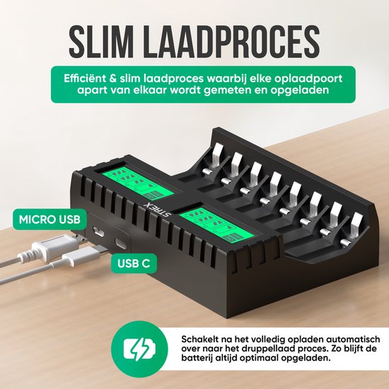 Strex Battery Charger - 8x AA/AAA Batteries - USB Rechargeable - Ecran LCD - Chargeur universel pour piles rechargeables