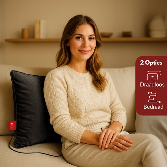 Coozie Rechargeable Heat Pillow - sans fil et filaire - 45-65°C - Velours - 45 x 45 cm - Noir - Oreiller électrique - Powerbank incluse - Jusqu'à 8 heures de chaleur