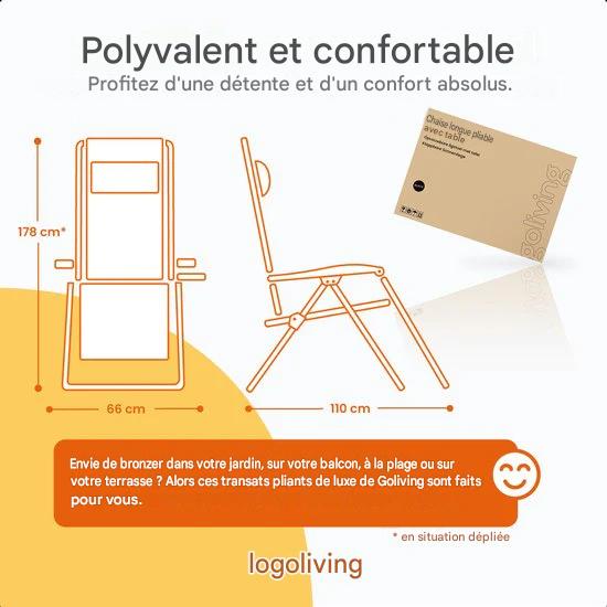 Chaise longue pliante Goliving - 3 pieds - 110 x 66 x 178 cm - Chaise de jardin réglable avec table - Chaise de camping pliante - Chaise longue d'extérieur - Chaise pliante de jardin - Noir
