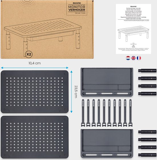 Auronic Support de moniteur - Rehausseur de moniteur - Rehausseur d'écran - 2 pièces - réglable - 37 x 23,5 x 10 cm - métal - noir