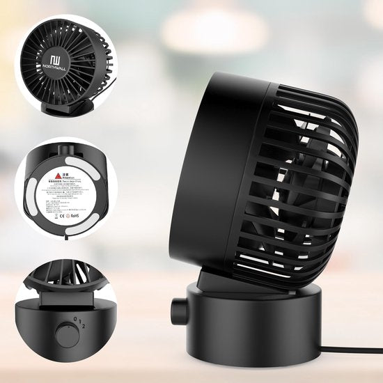 Northwall Mini ventilateur USB - Ventilateur de table noir - Mini ventilateur silencieux - Ventilateur de bureau rétro - Petit, silencieux et silencieux - Deux moteurs - inclinable - 2 vitesses