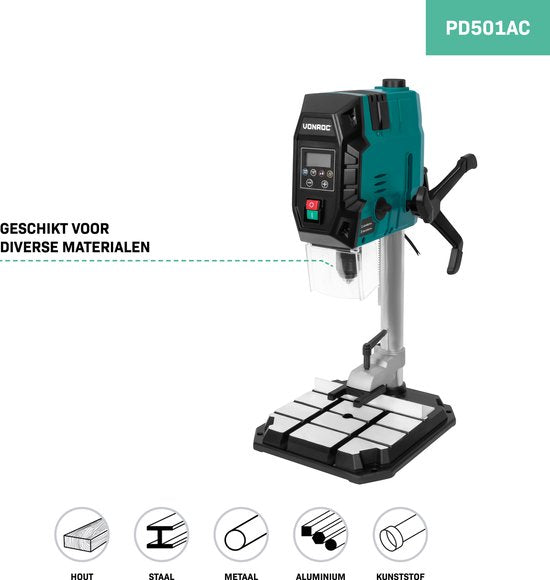 Perceuse à colonne VONROC 900W - perceuse de table - panneau de contrôle digital avec écran LCD - laser de ligne transversale et lampe de travail LED - Comprend une pince rapide, une pince de perçage et un guide de parallélisme