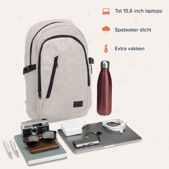 TRVLMORE Sac à dos - 25L - 15.6 Inch - Sac à dos pour ordinateur portable avec USB - Cartable - Homme et Femme - Sac Champagne