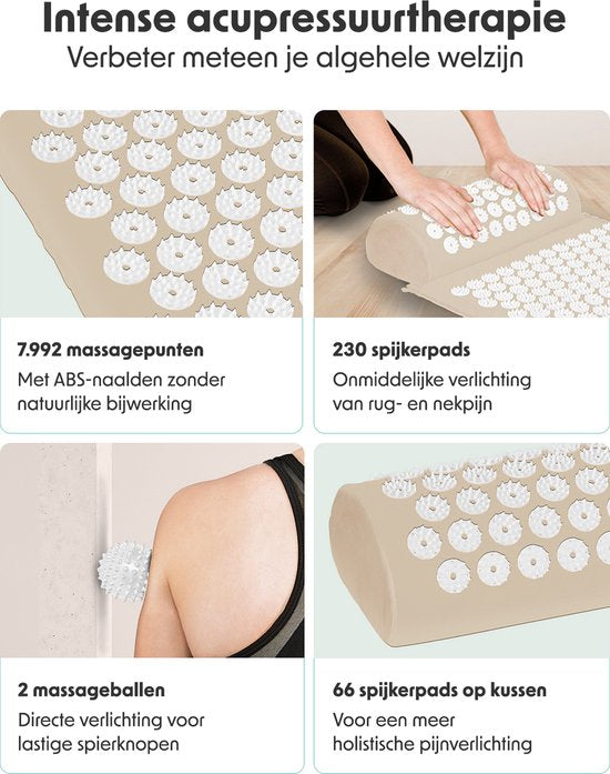 LifeGoods Tapis d'acupression avec coussin - Tapis Shakti - Tapis pour ongles avec 2 balles pour points de déclenchement - 66x40x2cm - Beige/Blanc