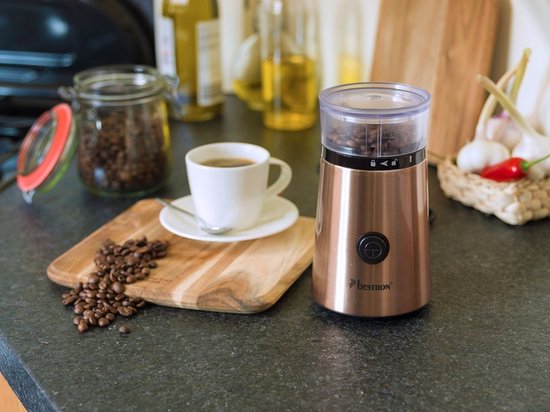Bestron ACG1000CO Moulin à café électrique - 150W - Couteaux en acier inoxydable - Capacité de 50g - Couleur cuivre - Pour grains de café et épices - Garantie 5 ans