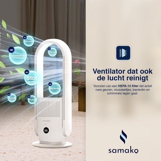 Purificateur d'air, ventilateur et chauffage 3-en-1 - 2000W - Filtre Hepa 13 - Télécommande et application incluses - Chauffage - Purificateur d'air - Samako