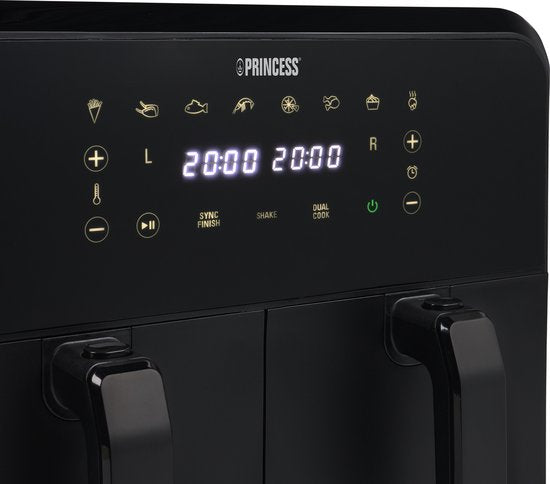 Princess Double Basket Airfryer 182068 - Double Airfryer - 8 litres - 2 paniers - XXL - 8 programmes - 2400W - Double friteuse à air chaud - Ecran tactile - Noir - 80°C à 220°C - Fonction Sync