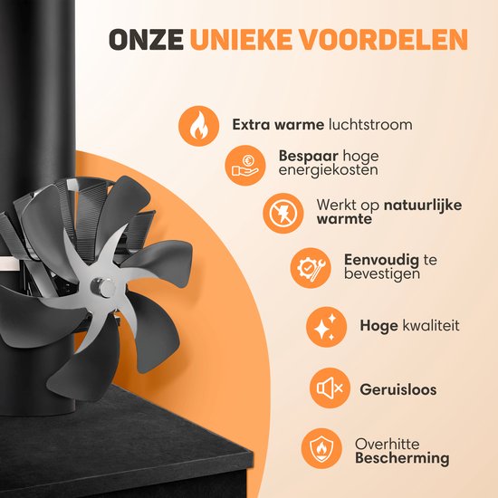 Vulpes Goods® Tech - Ventilateur de poêle à bois - Ventilateur de cheminée - Ecofan - Ventilateur de chaleur - 6 pales - Thermomètre et gant inclus - version PRO