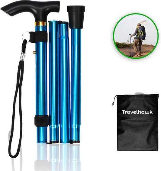 Bâton de marche Travelhawk - réglable et pliable - bleu - sac de rangement inclus - bâton de marche personnes âgées
