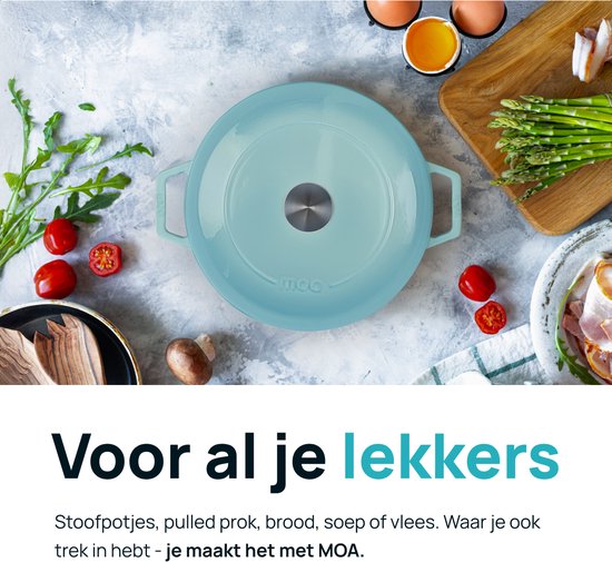 MOA Casserole en fonte - 5,7L - Pour toutes les sources de chaleur y compris l'induction - Avec couvercle - Ø 26cm - Revêtement antiadhésif - Bleu clair