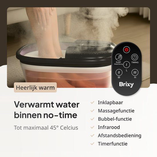Bain de pieds Brixy - Rouleaux de massage manuels - Chauffe jusqu'à 45°C - Appareil de massage des pieds - Bain de pieds avec massage - Noir