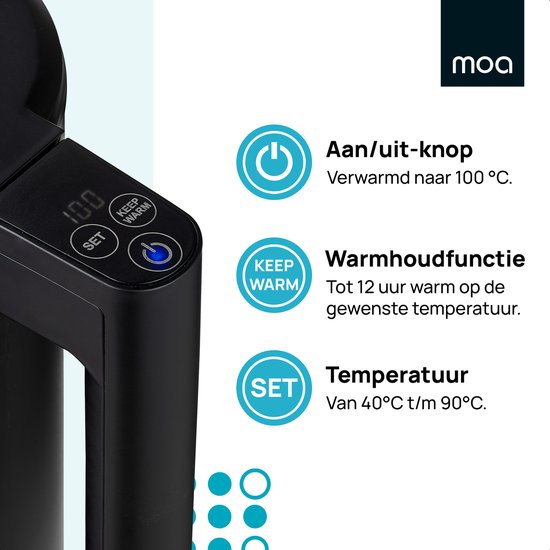 Bouilloire MOA avec contrôle de la température - 1,7 litre - Double paroi - Fonction maintien au chaud - Bouilloire électrique - 2200W - Noir
