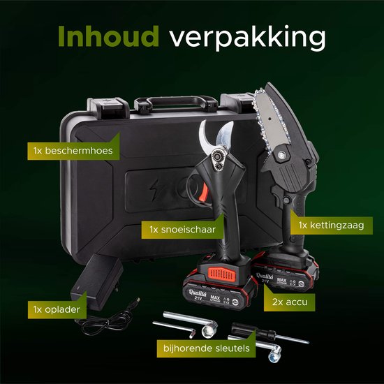 Qualitá® Sécateur électrique - Mini tronçonneuse 2 en 1 - cisaille à fleurs, coupe-bordures, taille-haies électrique - 2 piles avec chargeur de piles - boîte de rangement incluse Outils de jardinage