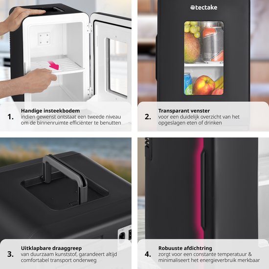 tectake® Mini Car Cooler - Mini bar portable 14L - Fonction 2 en 1 : refroidir et chauffer - Glacière électrique idéale pour les boissons, les médicaments ou le maquillage - Pour la maison ou en déplacement - Mode ECO