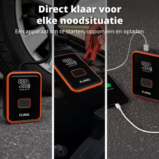 FlinQ 12V Jumpstarter for Car & Motorbike - 4-in-1 Air Compressor, LED Flashlight, SOS Emergency Light & Powerbank - Electric Tyre Pump - Starting Aid - Including Storage Bag