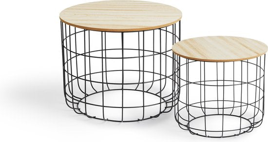 LIFA LIVING Table d'appoint moderne - Lot de 2 - Noir - Métal et bois - Rond - Plateau amovible - Panier de rangement - Stable