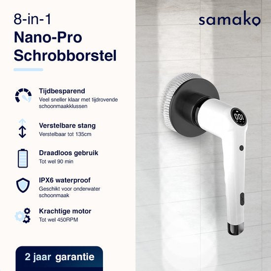 Samako Brosse de nettoyage électrique - Autolaveuse électrique - Brosse de nettoyage étanche IPX6 avec manche - 9 accessoires - Polisseuse - Autolaveuse