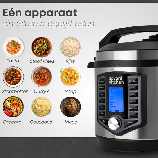 Savoré Kitchen Autocuiseur - 6L - Sans PFAS - Autocuiseur, rice cooker, slow cooker, steamer & sous-vide en un - Multicooker