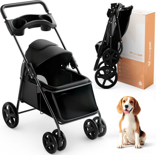 Trevopet® Dog Buggy Collapsible - Poussette - Buggy pour chiens de petite et moyenne taille jusqu'à 15 kg - Résistant à l'eau avec porte-gobelet - Noir